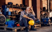An,Old,,Tired,Bearded,Factory,Worker,In,Overalls,Is,Sitting